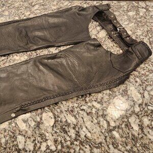 Unik Motorcycle Biker Chaps Black Leather Zipper&Snaps Size L Pinhole Pictured